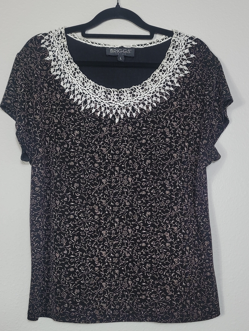 Y2K Briggs New York Lace Collar Blouse Size Large Black Floral Dark Romantic
